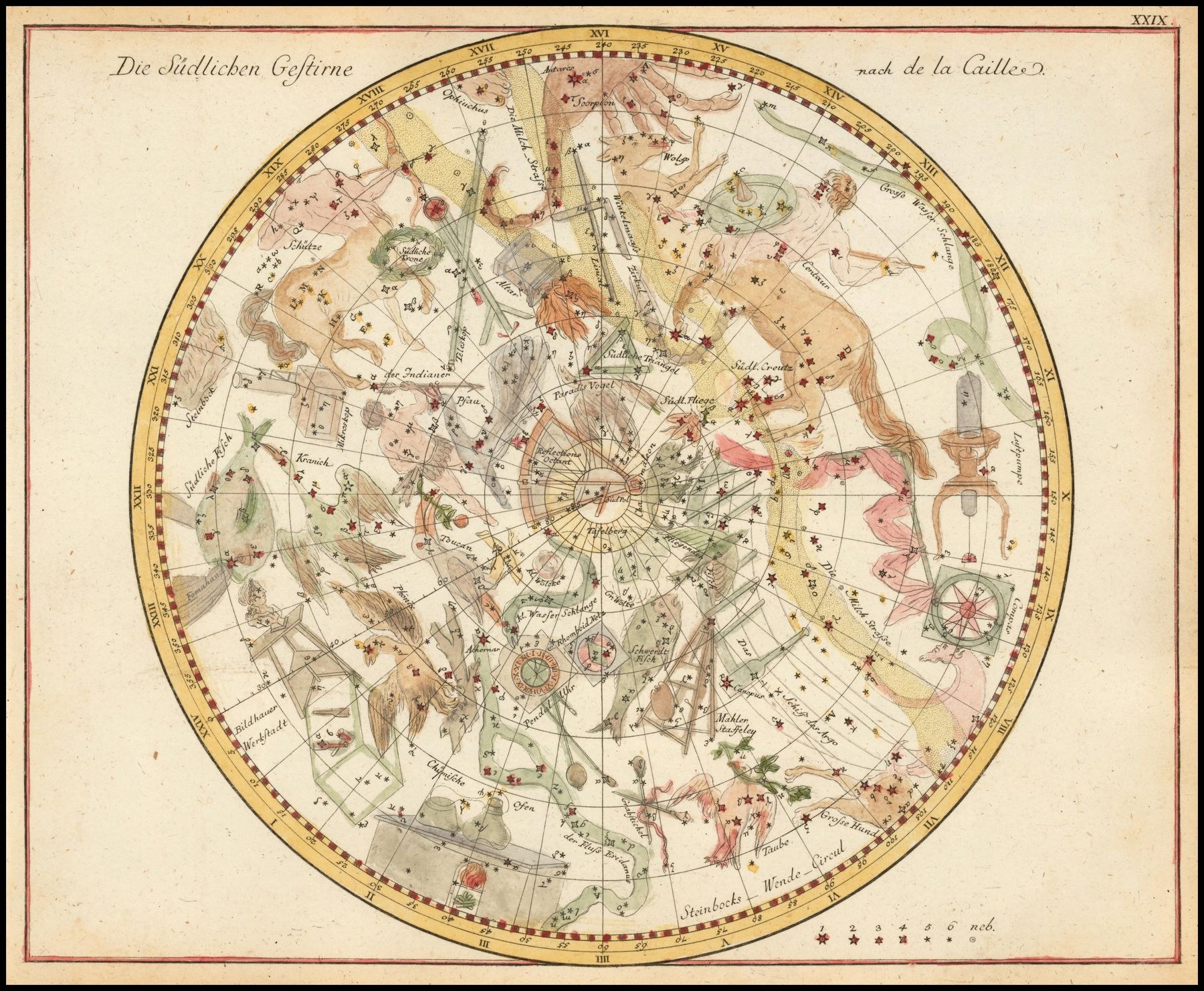 Bode’s 1805 southern planisphere after Lacaille: instrument-figures laid across the south.