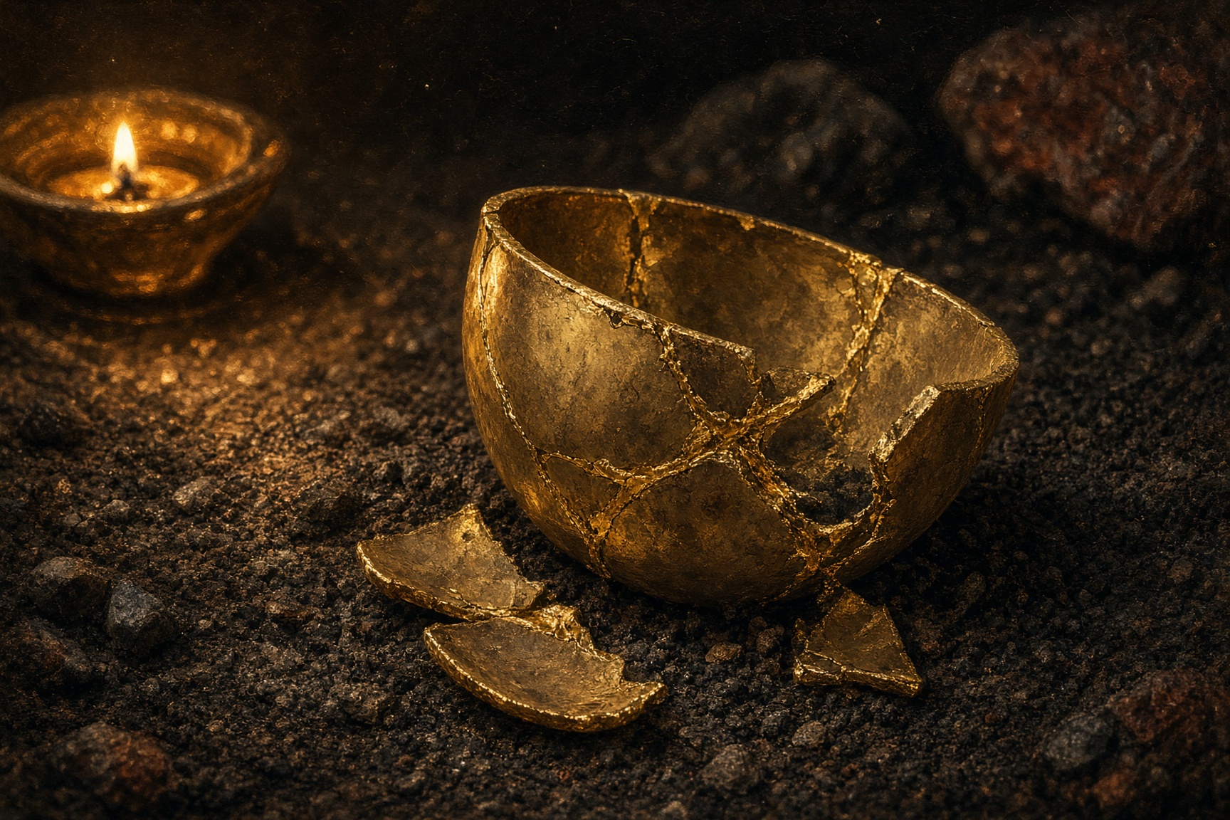 A gilded vessel in fragments, gold seams visible, not yet closed.
