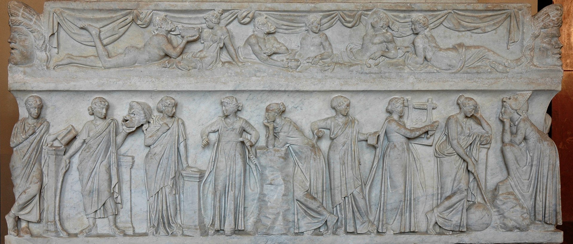 Marble sarcophagus of the nine Muses, second century CE, Louvre. Memory already become form: the daughters, not the mother.