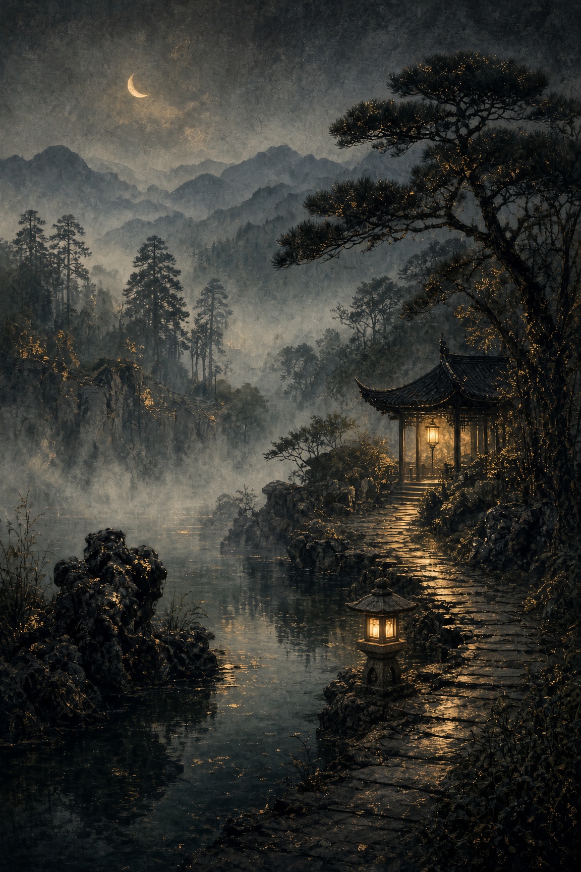 A misted scholar garden at dusk. Three lamps: the moon, the pavilion, a small light on the path.