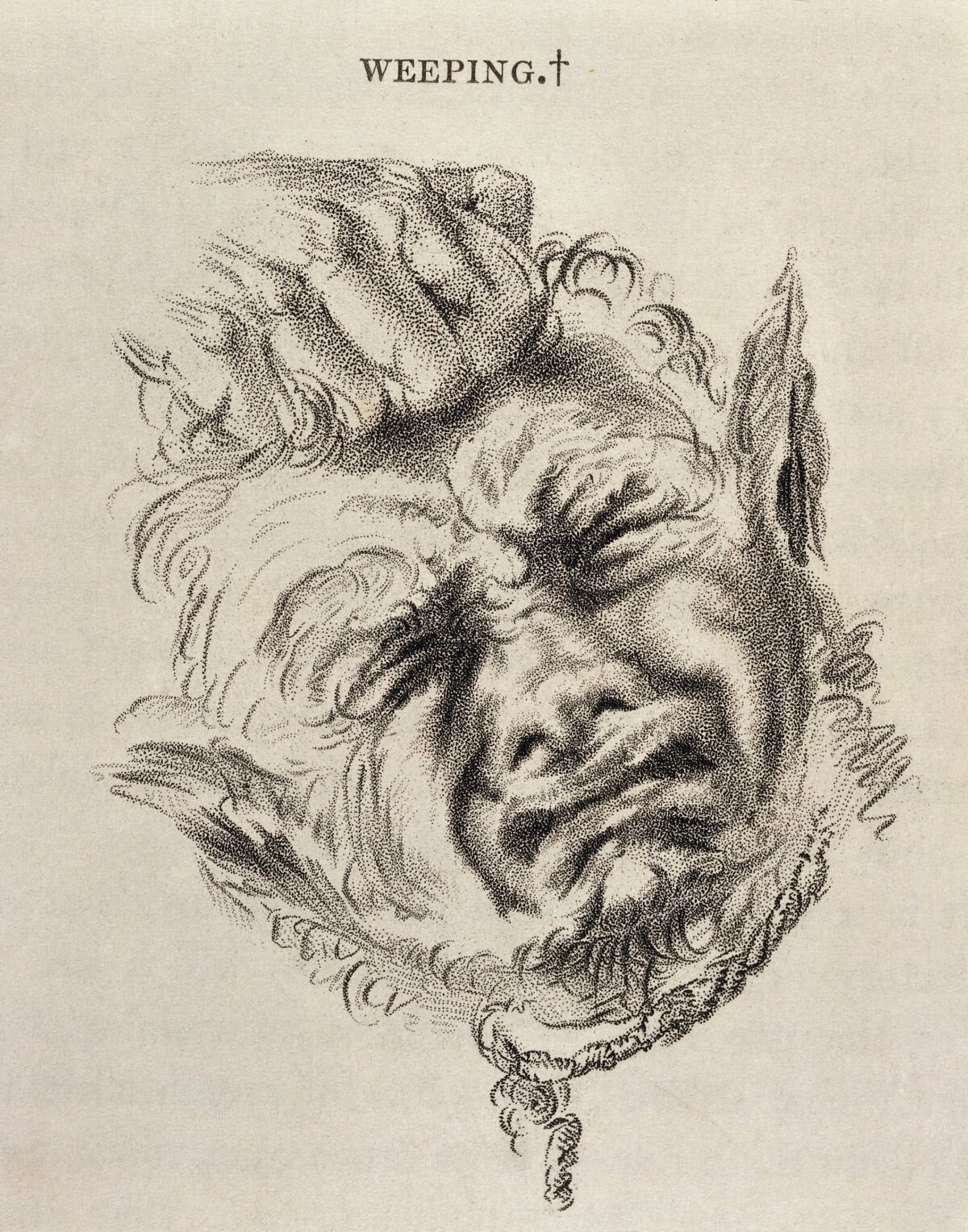 Stipple engraving of a weeping face, titled Weeping. Affect already readable as a figure.